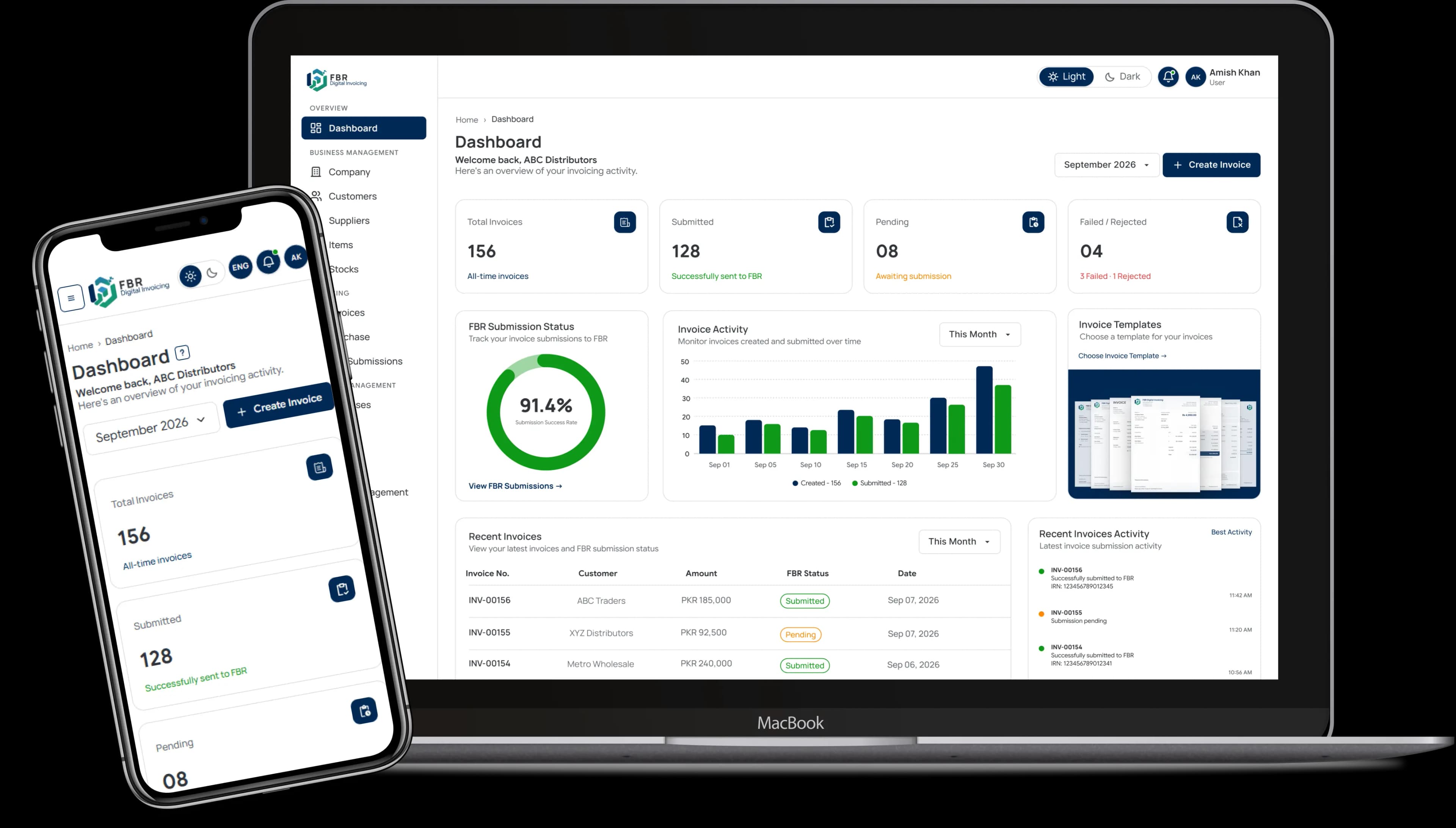 FBR Invoice Pro dashboard on a laptop and phone