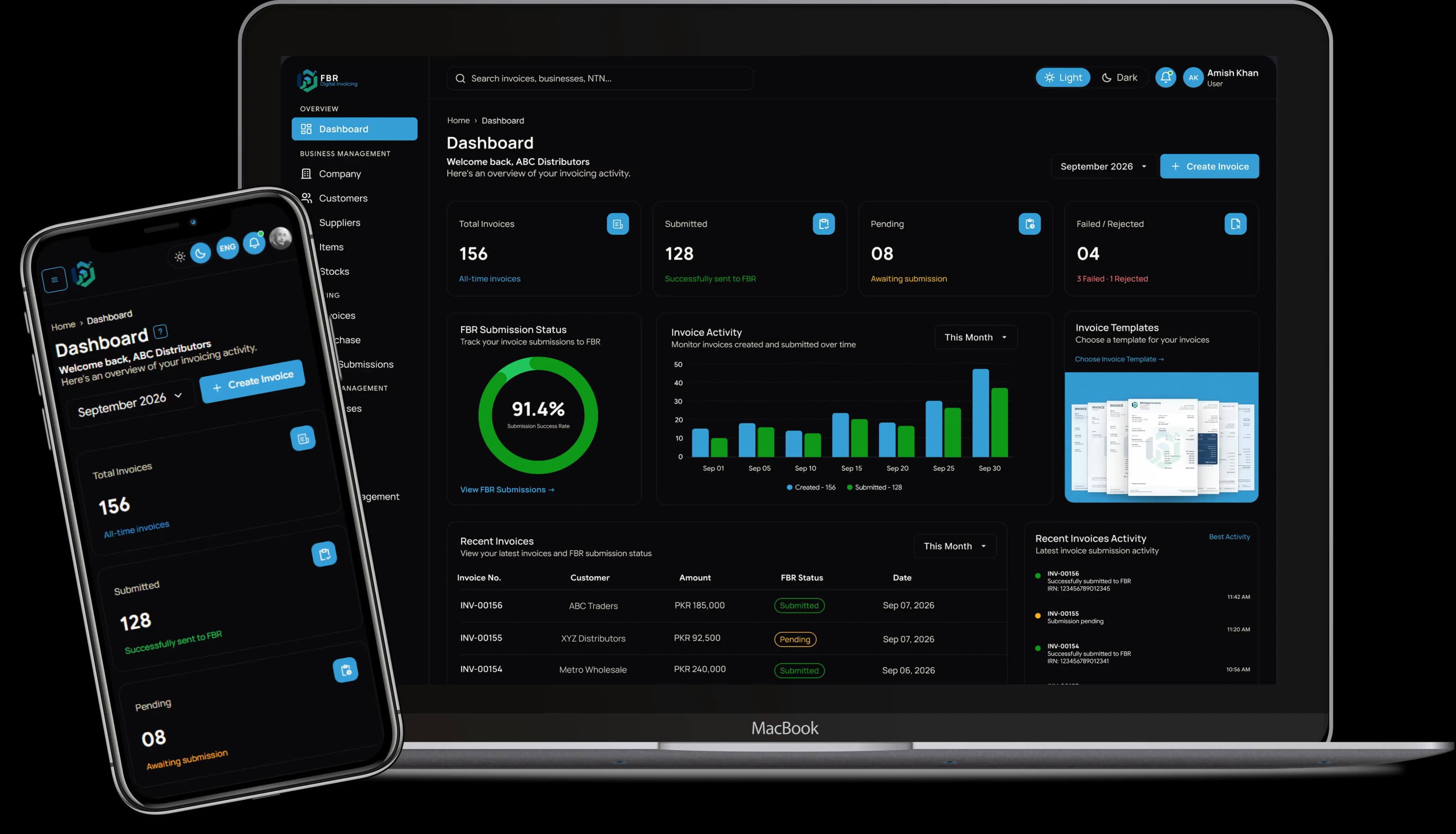FBR Invoice Pro dashboard on a laptop and phone