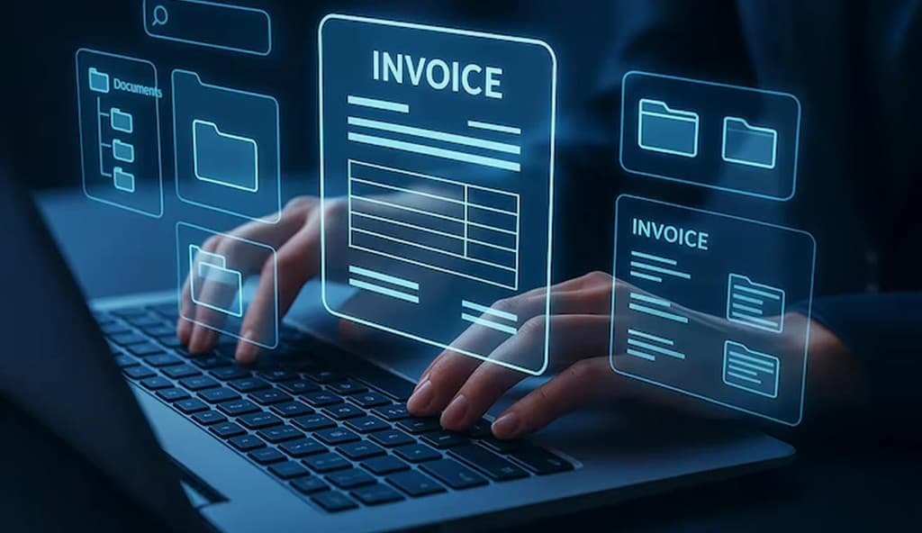 Hands typing on a laptop with holographic invoice and document overlays