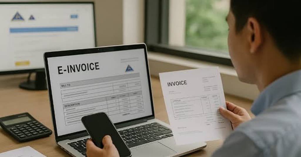 Person holding a paper invoice and smartphone while viewing an e-invoice on a laptop with FBR digital invoicing