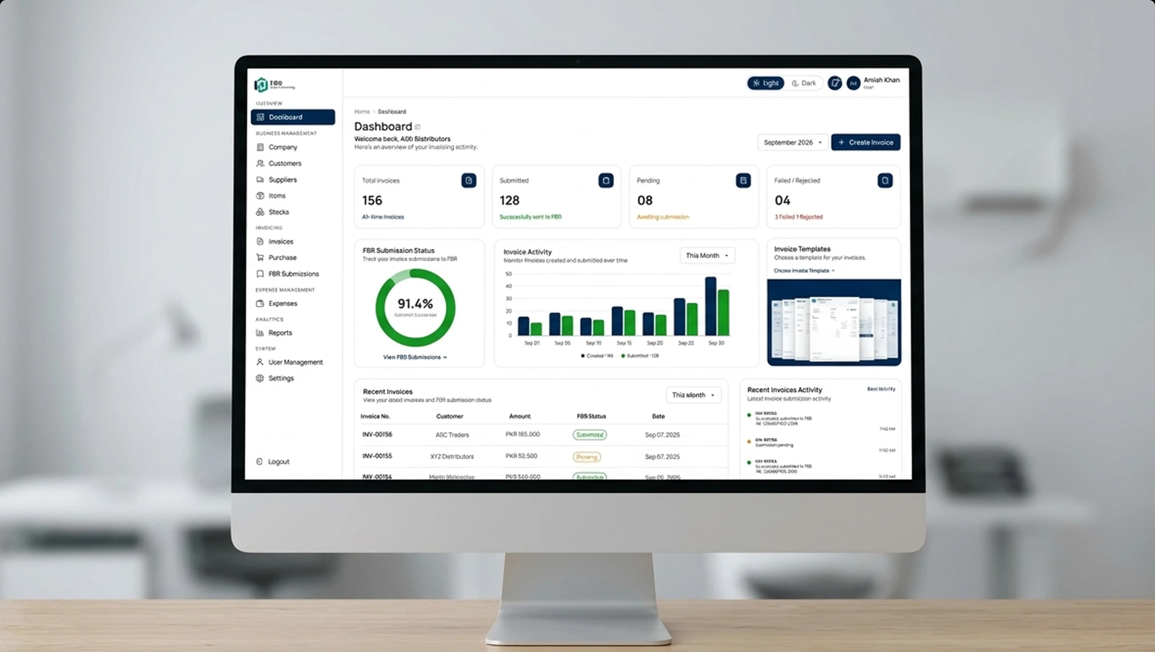FBR Digital Invoicing dashboard in Urdu, with sales, expenses, FBR submissions, and recent invoices